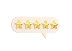 Customer review 3d render illustration - five golden stars on speech bubble. photo