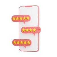 Customer review 3d render illustration - pink mobile phone with rating and comment on speech bubble. photo