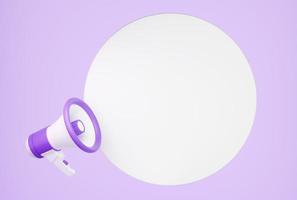 Loudspeaker 3d render - purple megaphone banner with empty space for text for announcement photo