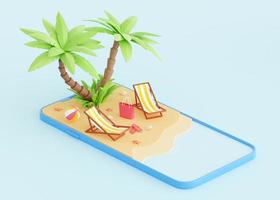 Summer beach vacation 3d render - cartoon tropical sandy island with palm trees and elements for coastal holiday. photo