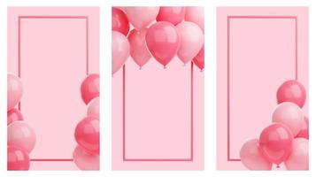 banner de felicitación con globos y marco sobre fondo rosa - 3d render historia de medios sociales para saludos de cumpleaños o aniversario. foto