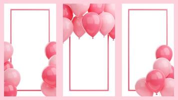 banner de felicitación con globos rosas y marco sobre fondo blanco - 3d render historia de medios sociales para saludos de cumpleaños o aniversario. foto