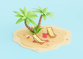 Summer beach vacation 3d render - cartoon tropical sandy island with palm trees and elements for coastal holiday. photo