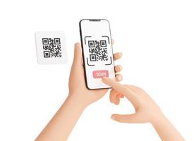 concepto de escaneo de código qr - mano humana sosteniendo un teléfono móvil con proceso de escaneo de código de barras ilustración de renderizado 3d. foto