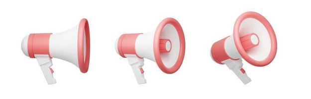 Loudspeaker 3d render illustration set. Collection of pink megaphone of various position photo