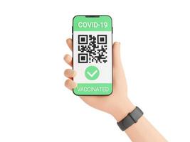 Green COVID vaccination certificate - qr code and check mark on mobile phone screen in human hand 3d render. photo