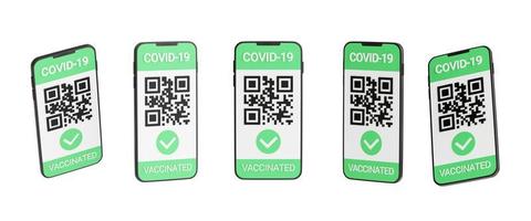 Green COVID vaccination certificate - qr code and check mark on mobile phone screen 3d render. photo