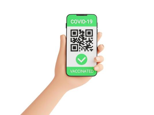 Green COVID vaccination certificate - qr code and check mark on mobile phone screen in human hand 3d render.