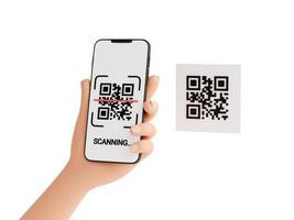 concepto de escaneo de código qr - mano humana sosteniendo un teléfono móvil con proceso de escaneo de código de barras ilustración de renderizado 3d. foto