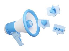 Loudspeaker with social media icons on speech bubbles 3d render photo