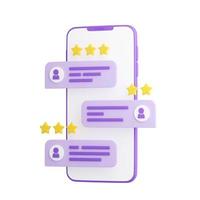 Customer review 3d render illustration - purple mobile phone with rating and comment on speech bubble. photo