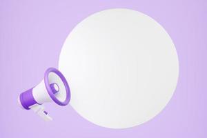 Loudspeaker 3d render - purple megaphone banner with empty space for text for announcement photo