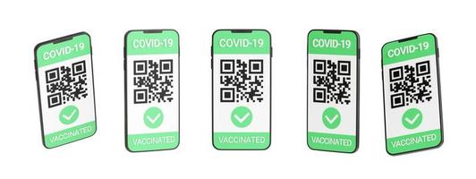 Green COVID vaccination certificate - qr code and check mark on mobile phone screen 3d render. photo