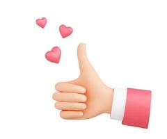 Thumbs up gesture with flying hearts 3d render - like or positive feedback concept. photo