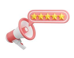 Customer review 3d render - five stars on speech bubble comes out of loudspeaker. photo