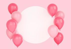 Glossy flying pink balloons with round white banner 3d render illustration. photo