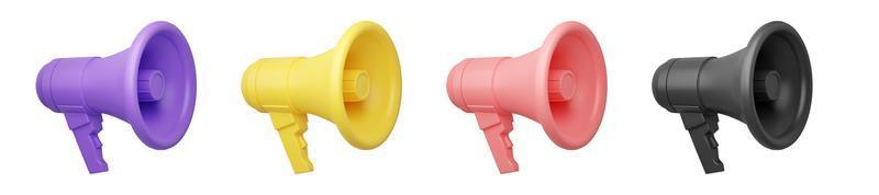 Loudspeaker 3d render illustration set. Megaphone of various colors isolated on white background for announce. photo