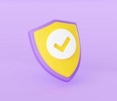 Shield with tick 3d render - security and safety concept with check mark on shield isolated on purple background. photo