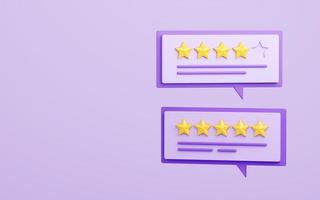 Customer review 3d render illustration - stars and text message on speech bubble. photo