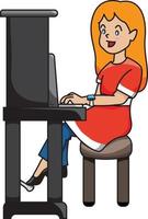 Girl With Smartwatch In Red Dress Playing Piano vector