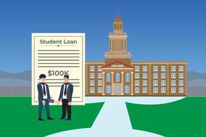 Student loan concept with college and loan paper vector. Male flat character illustration with a banker and student shaking hands. University study loan concept with greenfield vector. vector