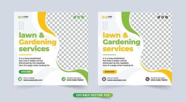 Lawn and gardening service social media post vector. Garden care and lawn mower work promotion template design. Mowing and landscaping advertisement poster design with green and yellow color. vector