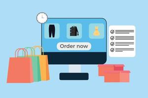 Shopping online concept with a computer monitor and shopping bag vector. Digital money transfer and marketing with computer illustration. Online shopping and payment concept design. vector