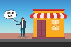 Business Woman is asking for help in front of a store vector. Flat female character illustration with a help-me text bubble. Business hiring concept with flat character design. vector