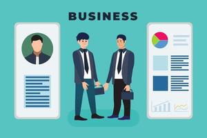 Businessman conversation and shaking hand concept vector. Man flat character illustration dealing with another businessman. Business conversation and employee flat design with graph chart and resume. vector