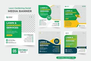 colección de banners de redes sociales de jardinería de césped con colores azul, verde y amarillo. conjunto de folletos publicitarios de limpieza de jardines y cortadoras de césped. paquete de plantillas de servicio de jardinería y cosecha. vector