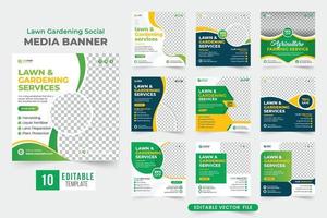 Lawn and gardening service social media banner bundle for advertisement. Agriculture and farming business promotion banner collection with green, blue, and yellow colors. Gardening flyer template set. vector