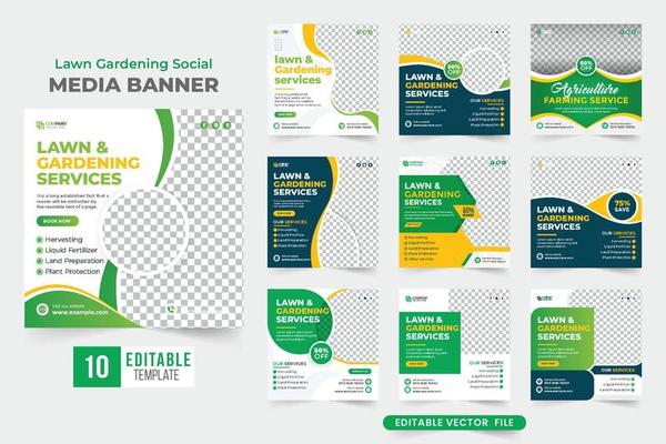 Lawn and gardening service social media banner bundle for advertisement. Agriculture and farming business promotion banner collection with green, blue, and yellow colors. Gardening flyer template set.