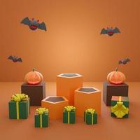 feliz halloween, podio de presentación de producto conceptual con fantasma de calabaza y murciélago con caja de regalo, fondo de tono naranja. representación 3d foto