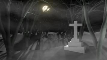 concepto feliz halloween con crucifijo y tumba, en el fondo del bosque de árboles nocturnos. representación 3d foto