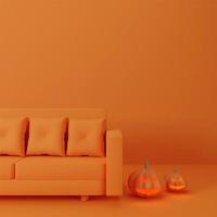 concepto feliz halloween en apartamento distanciamiento social y sofá con fantasma de calabaza en el piso, fondo naranja. representación 3d