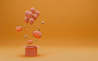 Happy Halloween concept open box with pumpkin ghost and balloons on orange background. 3d rendering photo