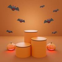 Happy Halloween, Concept product presentation podium with pumpkin ghost and bat, orange tone background. 3d rendering photo