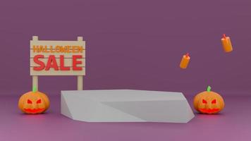 Happy Halloween sale sign of stone platform for product and ghost pumpkin with candle on purple background. 3d rendering