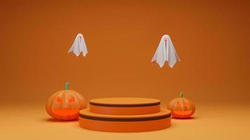 Happy Halloween, Concept product presentation podium with pumpkin ghost orange tone background. 3d rendering photo