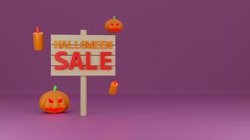 feliz cartel de venta de halloween de calabaza fantasma con vela sobre fondo púrpura. representación 3d foto