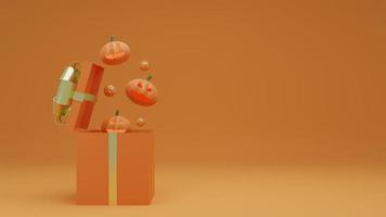 feliz halloween, concepto de caja de regalo abierta y fantasma de calabaza con fondo de tono naranja. representación 3d foto