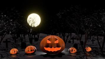 feliz fantasma de calabaza de halloween con crucifijo y tumba, en el fondo del bosque de árboles nocturnos. representación 3d foto