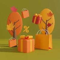 fondo de venta de otoño, banner conceptual, diseño de afiches o volantes, plantilla para anuncios publicitarios, web, sociales y de moda con bolsa de compras y caja de regalo sobre fondo verde. representación 3d foto