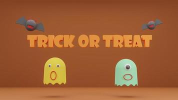 Happy Halloween, Concept trick or treat logo 3d with bat cartoon and ghost cartoon on orange background. 3d rendering