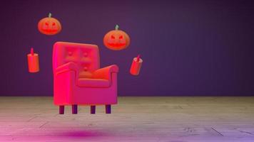 feliz halloween, concepto de silla flotante con fantasma de calabaza sobre fondo púrpura. representación 3d foto