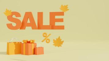 3d rendering. Autumn Sale Background, Concept banner, poster or flyer design, Template for advertising, web, social and fashion ads with shopping bag and gift box on light yellow background. photo