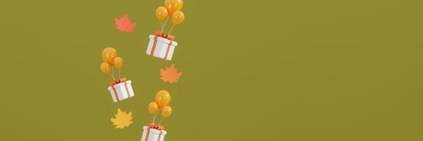 Autumn Background, Concept banner, poster or flyer design, Template for advertising, web, social and fashion ads with balloons and gift box on green background. 3d rendering photo