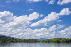 white clouds on blue sky and have the mountains in a down photo, clear sky in the afternoon, copy space of right on the photo. photo