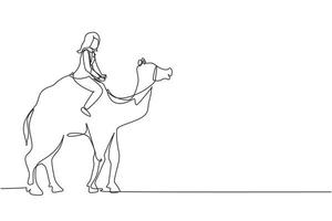 Continuous one line drawing Arabian businesswoman riding camel. Investment, bullish stock market trading, rising bonds trend. Successful business woman trader. Single line draw design vector graphic