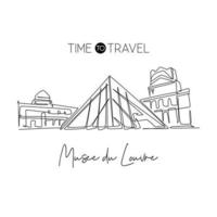 Depok, Indonesia - August 5, 2019 One continuous line drawing of welcome to Musee du Louvre or Louvre Museum. World iconic place in Paris, France. Wall decor poster print concept. Vector illustration